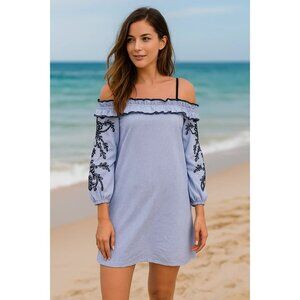 Market Spruce Blue Striped Off Shoulder Mini Dress Embroidered Sleeves Small